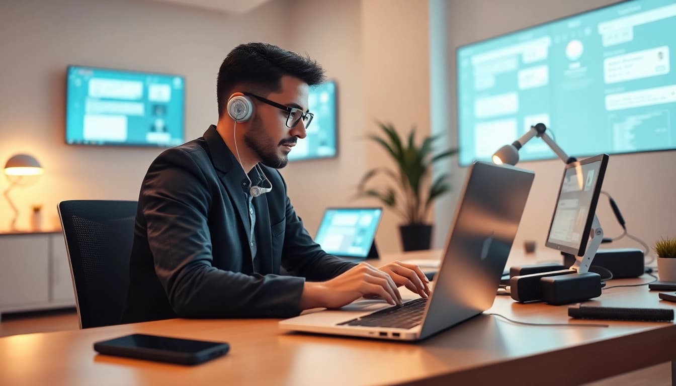 Modern workspace featuring an individual using the crushon AI chatbot on a sleek laptop, surrounded by advanced technology.