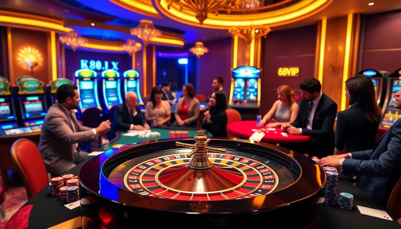 Exciting poker and roulette games at a luxury gambling scene, showcasing 68VIP platform bets.