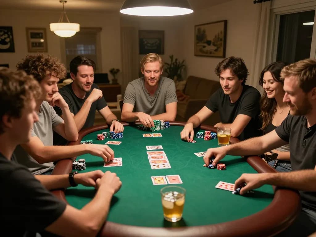 Players enjoying a poker night while placing bets at bet168 in a lively home setting.
