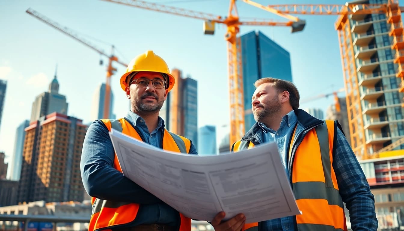 Manhattan Construction Manager discussing logistics on a busy construction site.