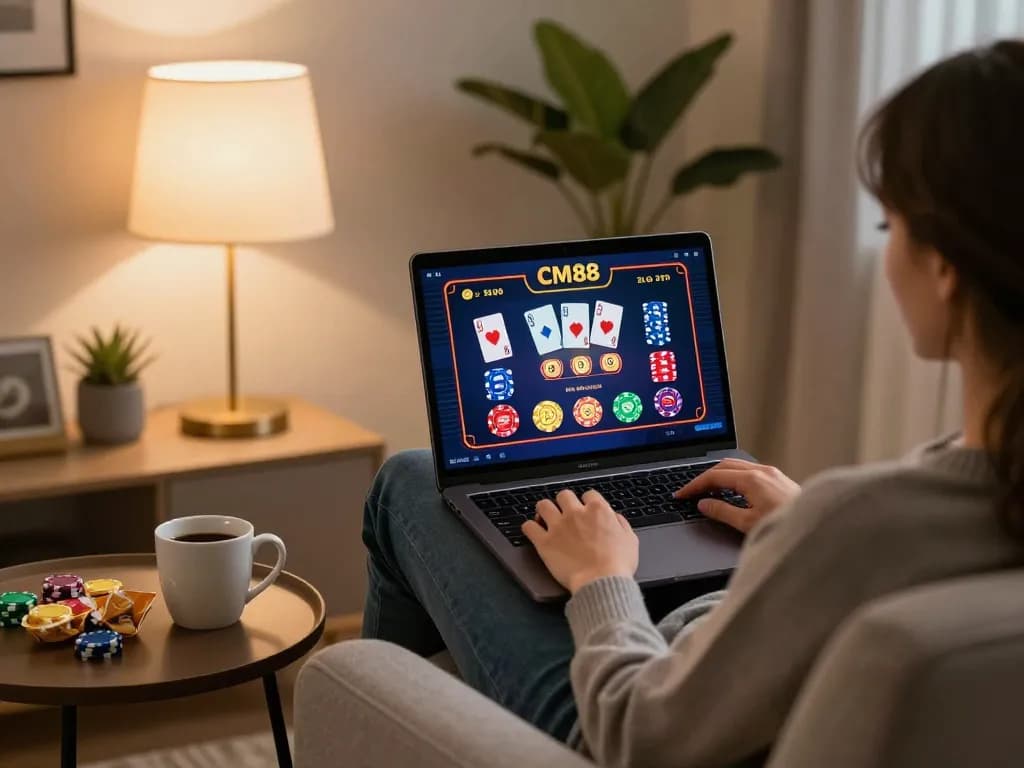 Enjoying online gaming at CM88 with a laptop and warm ambiance, showcasing responsible gambling.