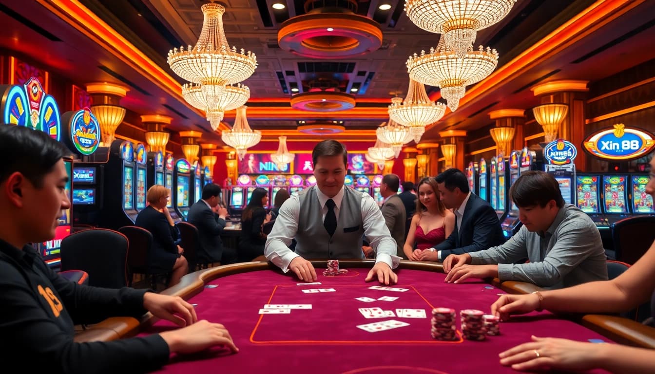 Excited players gamble at a luxurious Xin 88 poker table amidst colorful slot machines.