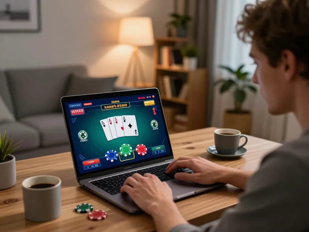 Player engaging in strategic poker gameplay on MB66 laptop in a cozy home setting.