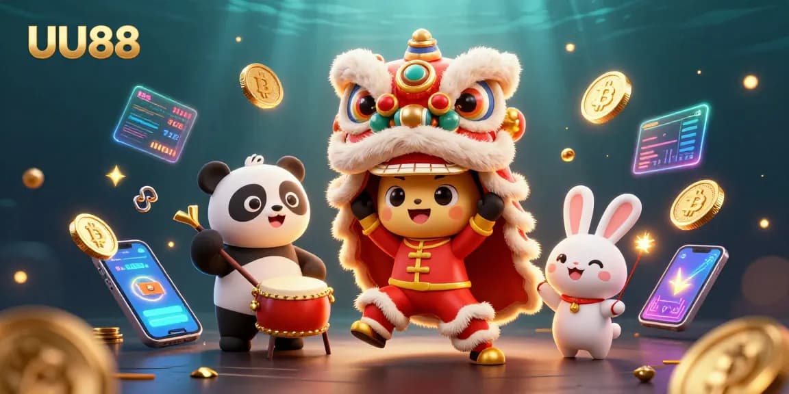 Experience the excitement of UU88 with a vibrant 3D scene featuring a lion dance, crypto coins, and fun characters.