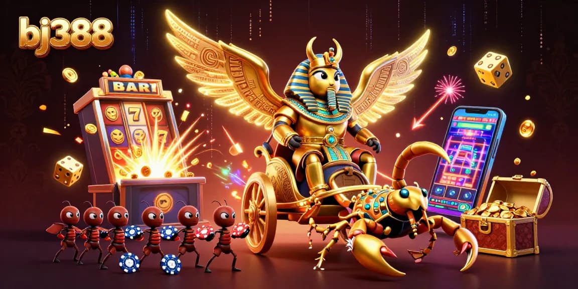 Engage in exciting gameplay with bj388, featuring dynamic elements like vibrant slot machines and gold treasures.