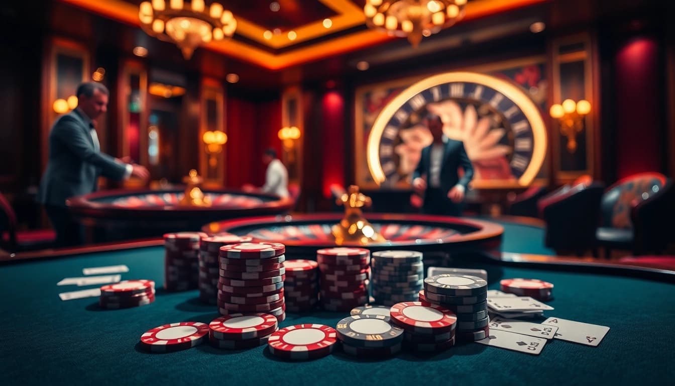 Engaging players at a thrilling THABET88 casino table, showcasing lively poker action and an elegant atmosphere.