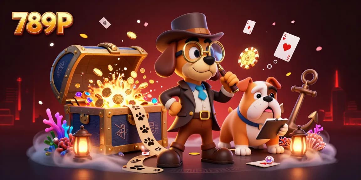 Engage with 789P in a vibrant 3D casino scene filled with gold coins, poker chips, and treasure clues.