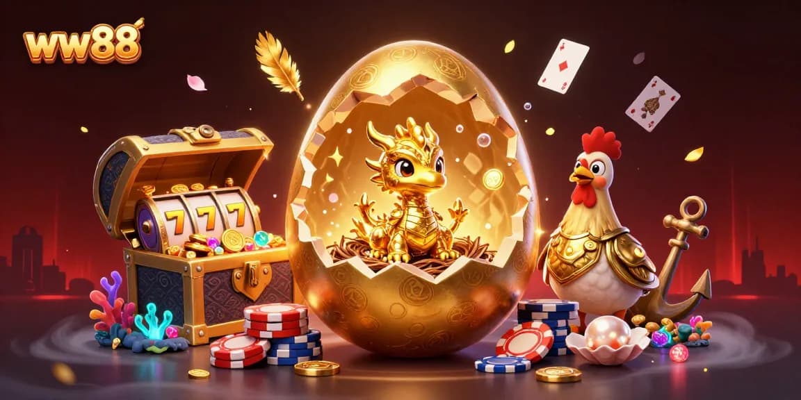 Engage with WW88's thrilling slots and gold treasures in this vibrant casino illustration.