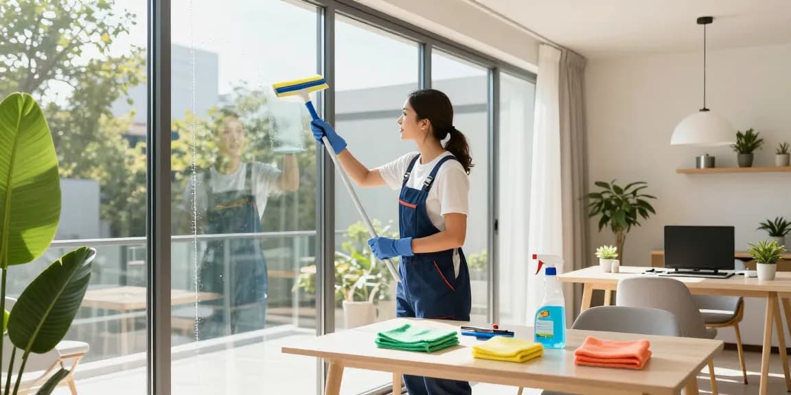 Professional cleaner demonstrating glasreinigung preis in a bright, modern apartment.