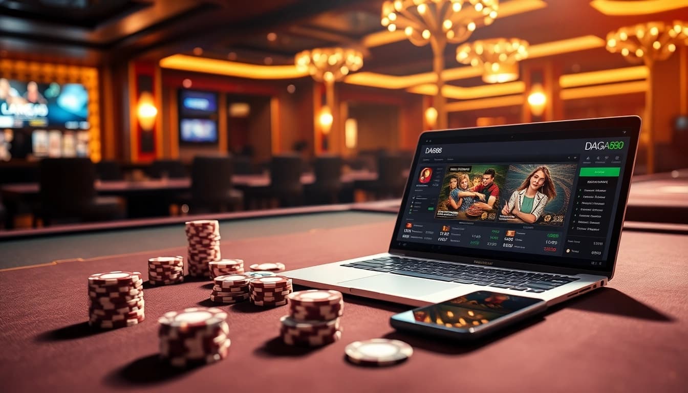 DAGA88 casino betting scene featuring vibrant gaming tables and online interfaces.