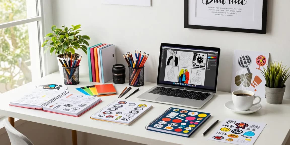Vibrant workspace displaying custom printed notebooks alongside colorful stationery, showcasing creativity in a bright setting.