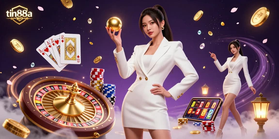 Experience excitement with tin88a's vibrant scene featuring roulette, poker chips, and cascading coins.