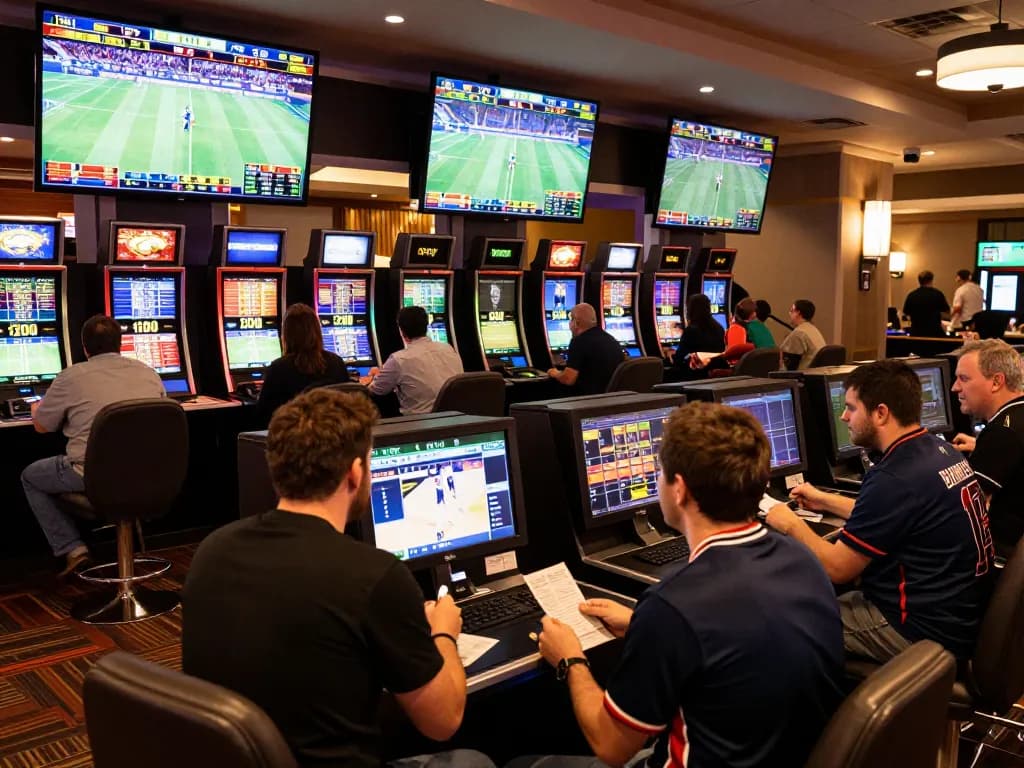 Tỷ lệ kèo nhà cái 5 displayed on big screens in a lively sports betting area with enthusiastic bettors.