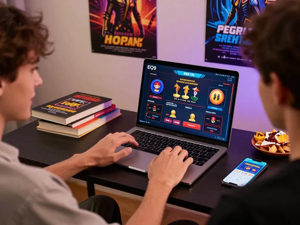 Engage with EQ9's online casino gaming as players enjoy a vibrant home setup and strategic entertainment.