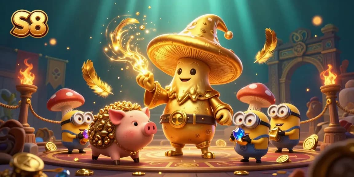 Engage in vibrant S8 casino magic with a golden mushroom wizard summoning riches and treasures.