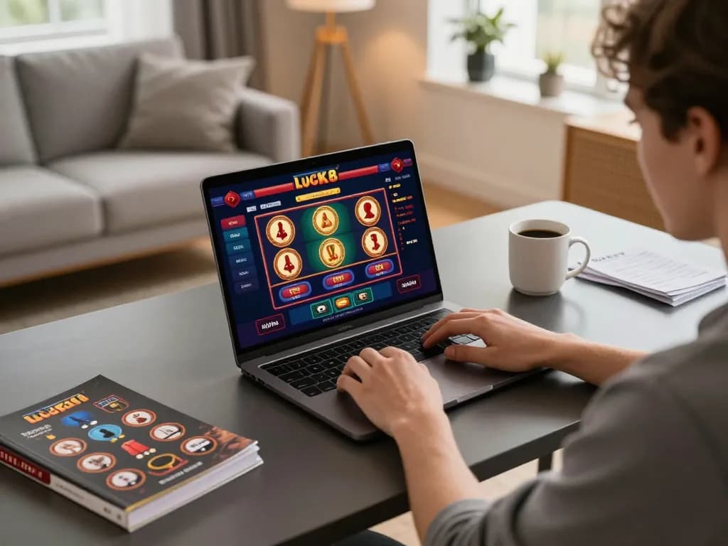 Người chơi LUCK8 tham gia cá cược trực tuyến trên laptop, xung quanh là các ghi chú chiến lược và trang trí nhà ấm cúng.