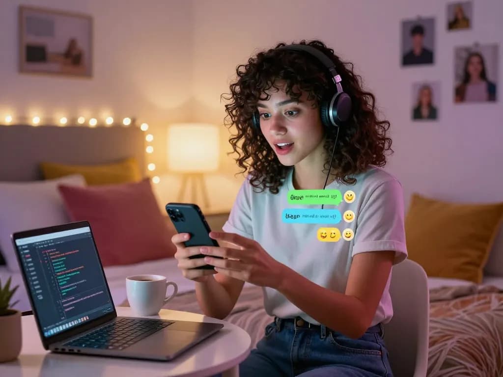 Engaging AI slut character in cozy bedroom, interacting on smartphone with playful messages and emojis, inviting atmosphere.