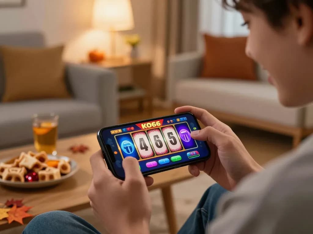 Người chơi hứng thú thưởng thức máy đánh bạc KO66 trên smartphone trong một không gian ấm cúng tại nhà