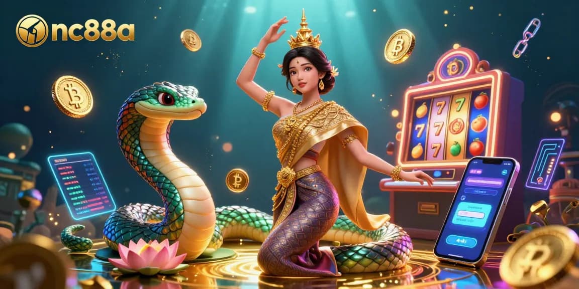Engage with nc88a's vibrant casino scene featuring slot reels and a charming Thailand dancer.