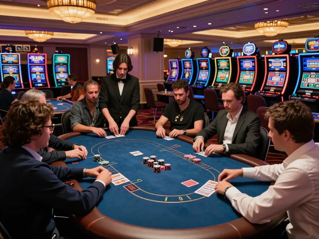 During an exciting poker game at 78WIN, players display their cards as they strategize their next moves in a vibrant casino atmosphere.