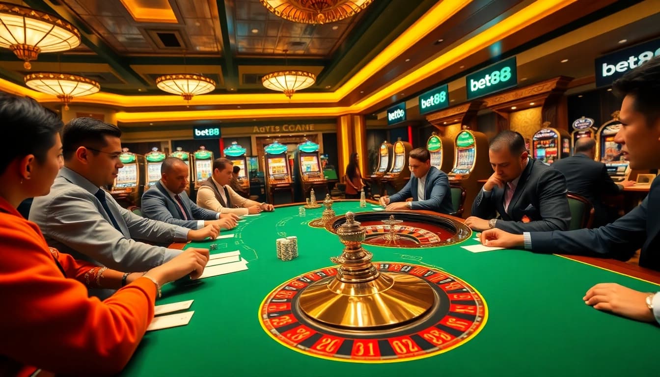 Excited players betting at a luxurious Bet88 casino table with vibrant games and slots.