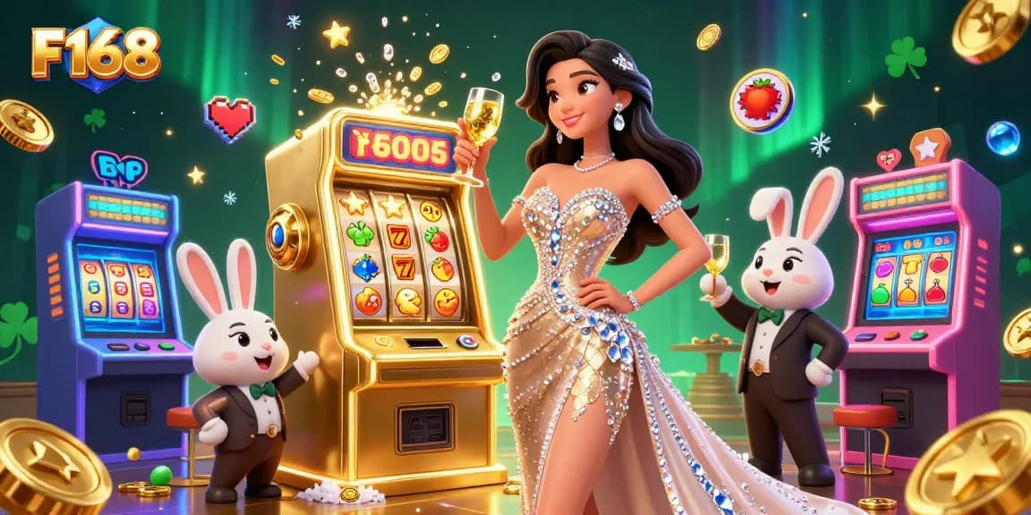Experience F168's thrilling jackpot action with a glamorous woman and vibrant casino elements.