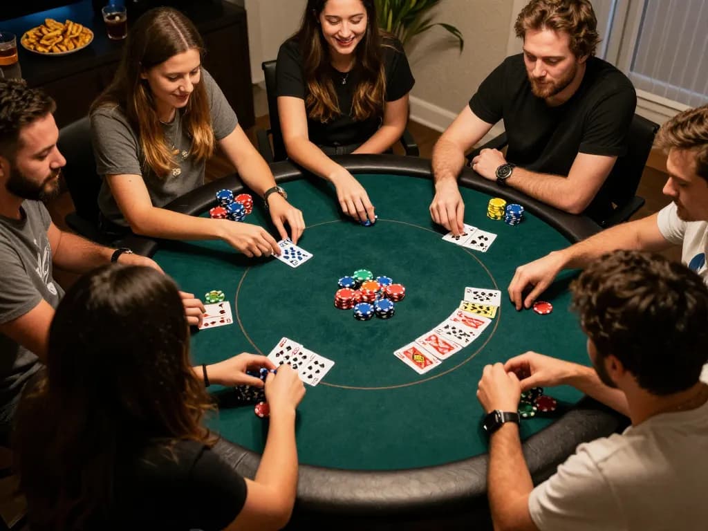 Playing poker with friends at home, engaging gaming scene showcasing RR88 strategies and camaraderie.