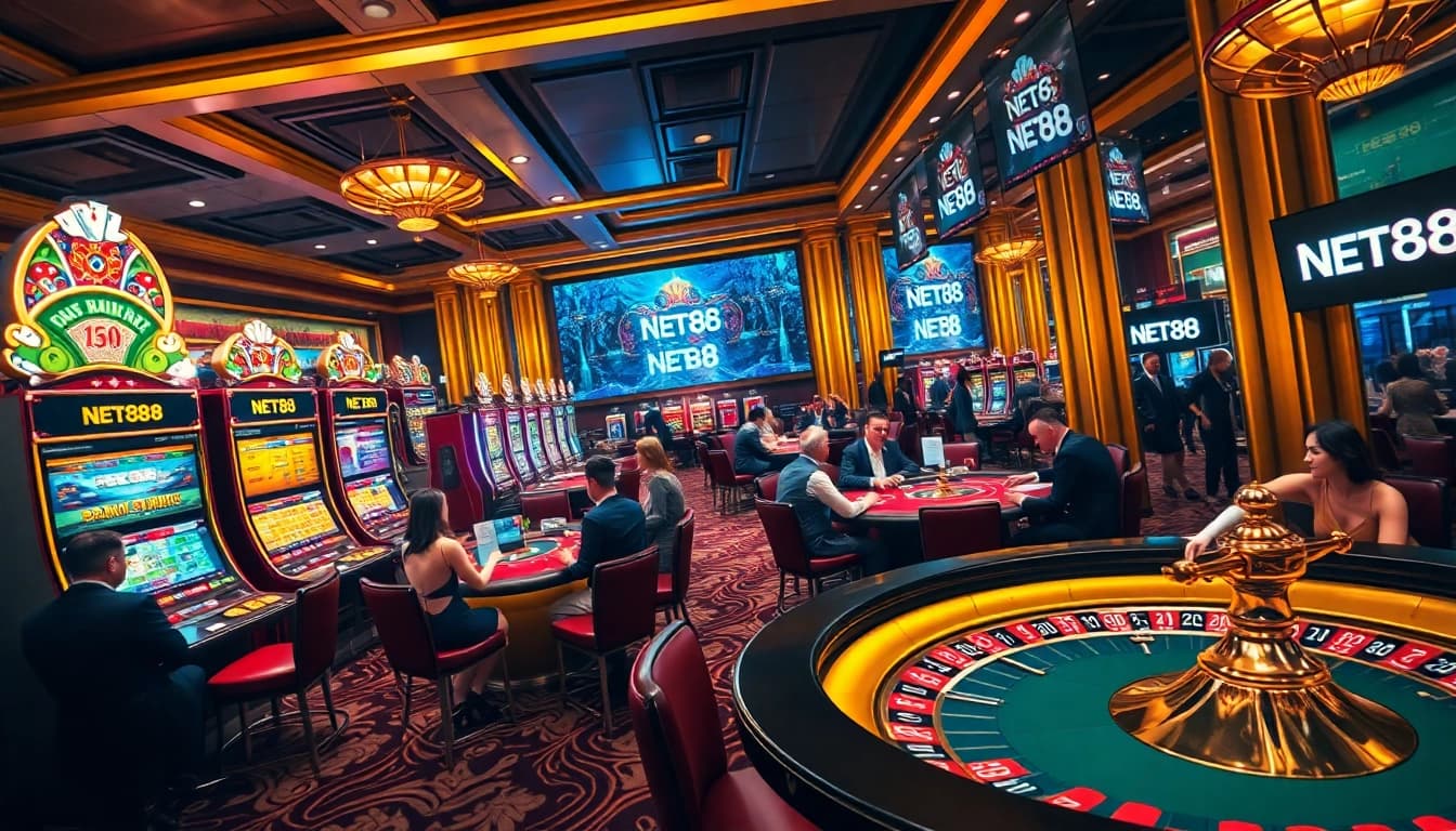 Experience the thrill of NET88 gaming with vibrant casino tables, cards, and players in action.