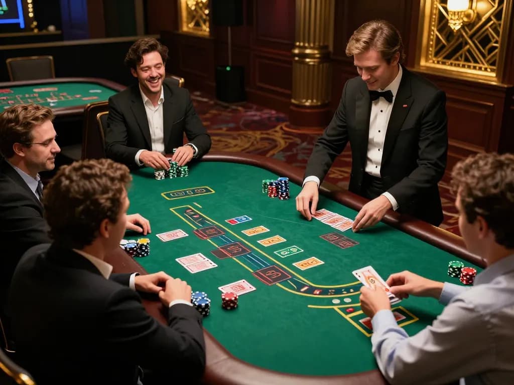 Players enjoying an exciting blackjack game at red888 casino, with dealer dealing cards and vibrant atmosphere.