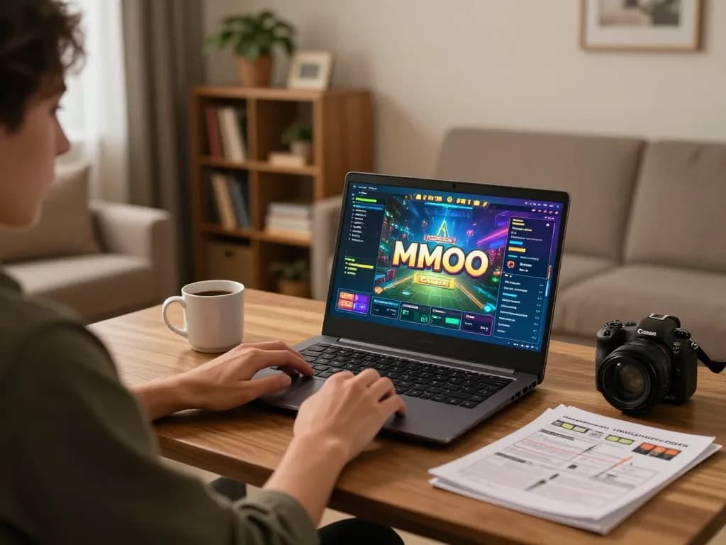 Engaging in online gaming at home with MMOO on laptop, showcasing strategic planning.