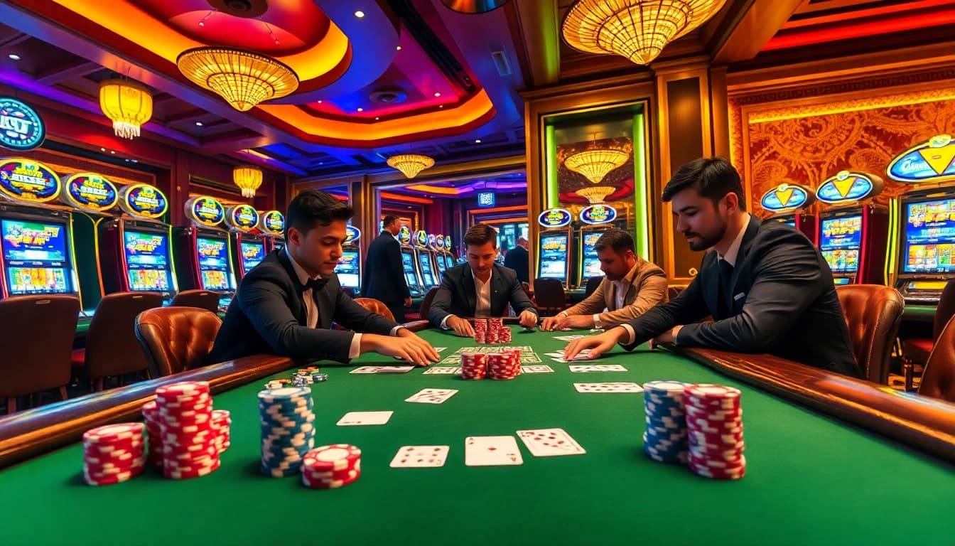 Intense poker game at De bet with vibrant chips and cards in a luxurious casino setting.