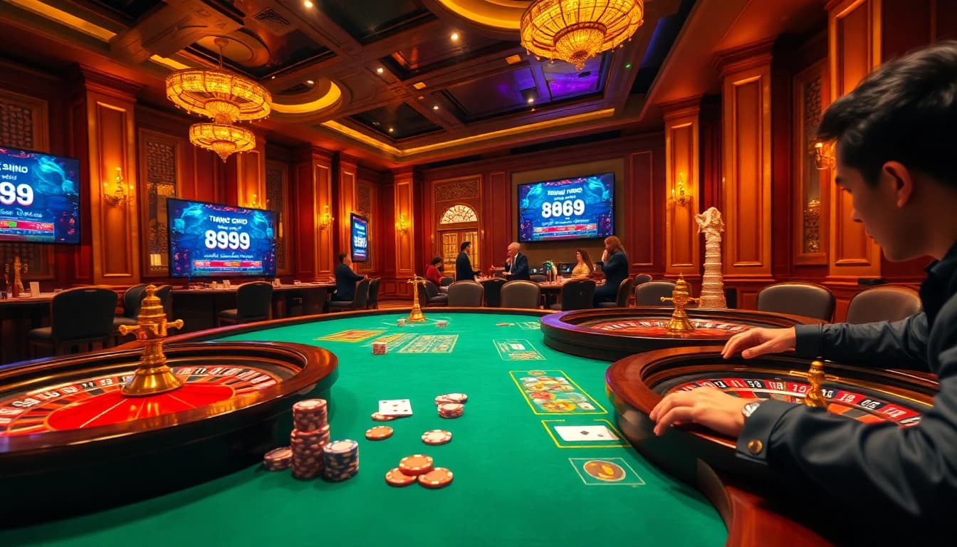 Engaging scene depicting Trang chủ 888VND with players at luxury casino tables, chips, and vibrant roulette.