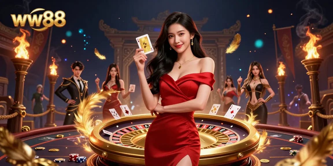Engage with ww88's thrilling gaming experience through a vibrant and dynamic illustration of a confident player beside rich casino elements.
