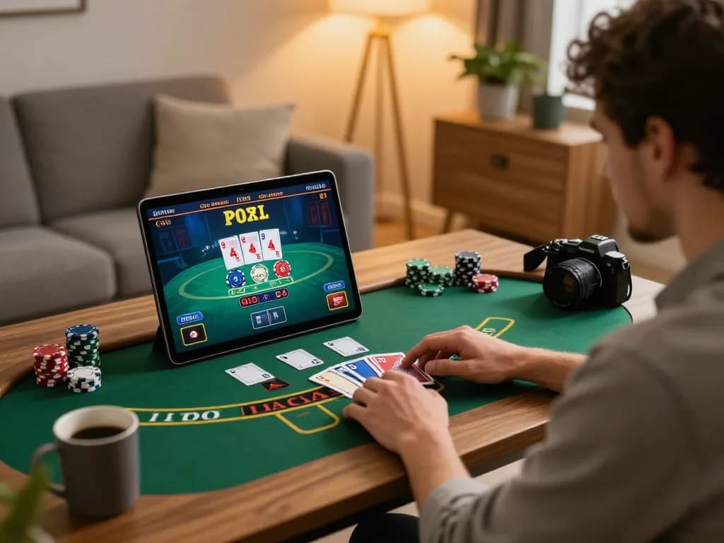 Manclub player enjoying a live dealer blackjack game on laptop at home, showcasing responsible gaming