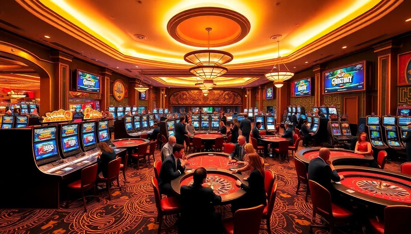 Exciting gaming atmosphere at the casino featuring https://68vip.video/ slots and poker tables.