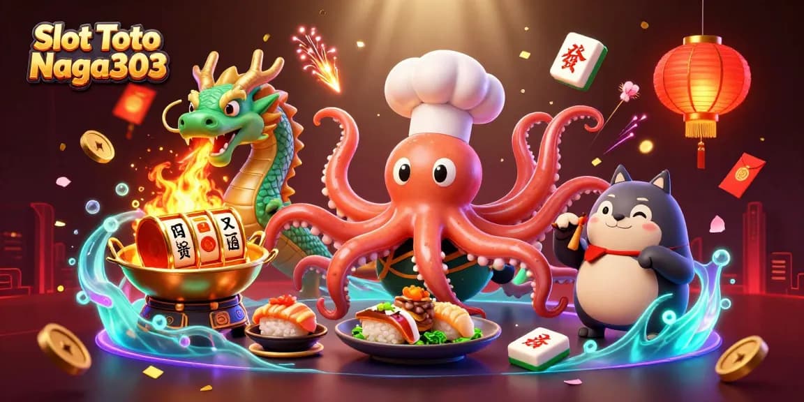 Engage with Slot Toto Naga303, a lively scene with a sushi chef octopus and dragon creating lucky slots.
