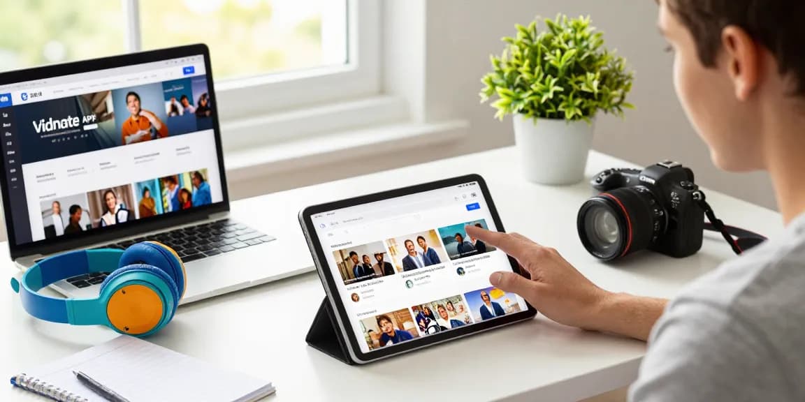 Using Vidmate APK on a tablet for video downloads in a modern workspace