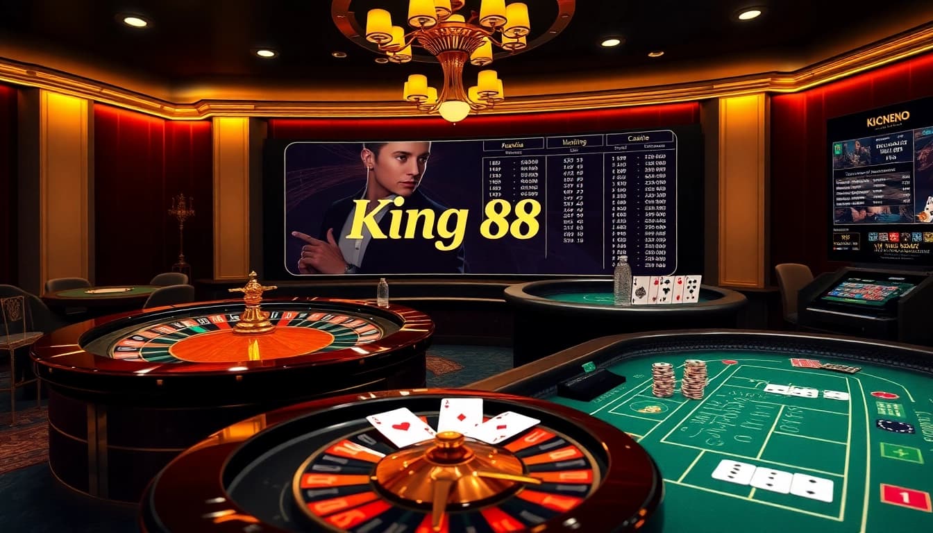 Experience excitement at King88 Casino with vibrant tables, roulette wheels, and high-stakes gaming.