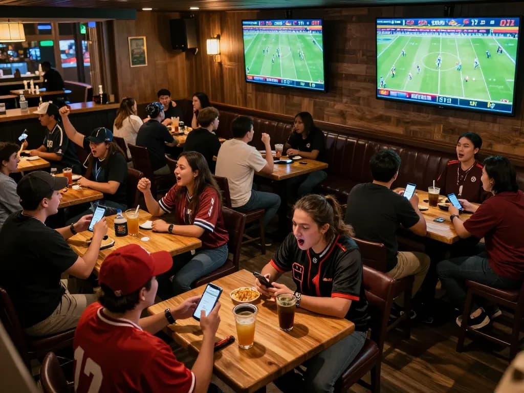 Witnessing kèo nhà cái trực tiếp as excited fans cheer while placing their sports bets at a lively bar.