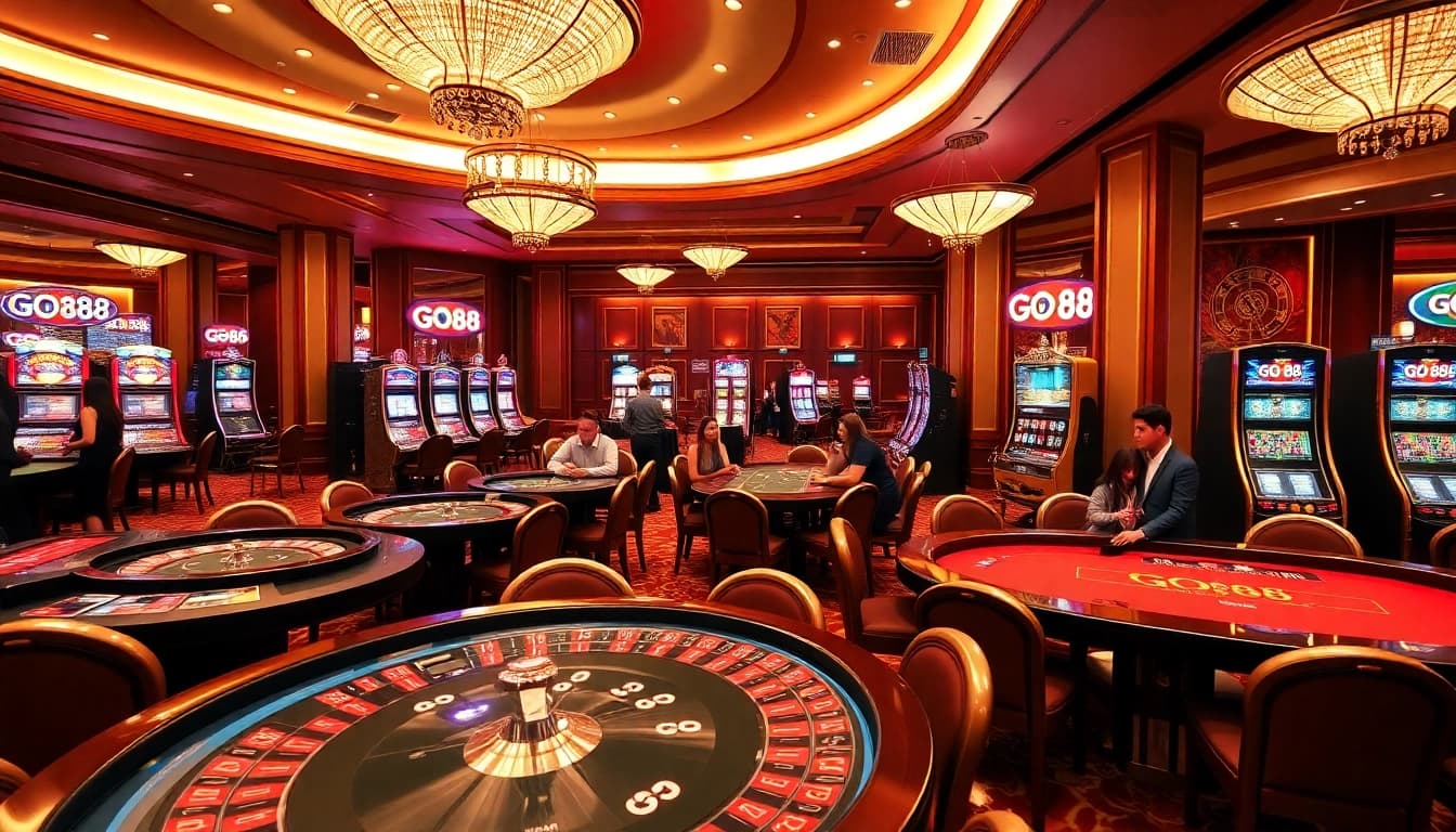 GO88 gaming area featuring players enjoying a vibrant casino experience with poker and roulette.