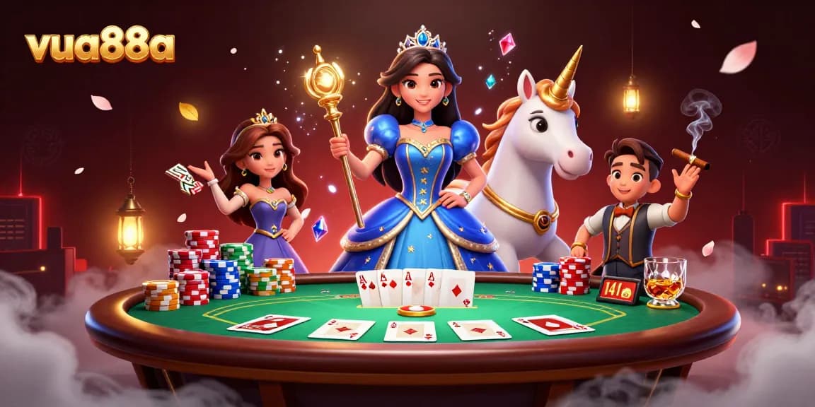 Engage with vua88a's vibrant casino scene featuring a glamorous woman and a unicorn amidst a poker game.