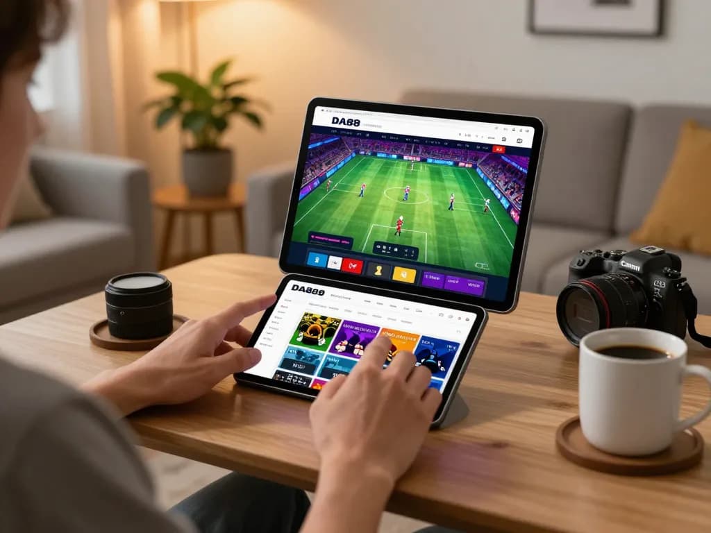 Engaging in sports betting on DA88 using tablet, showcasing a modern gaming environment with strategic focus