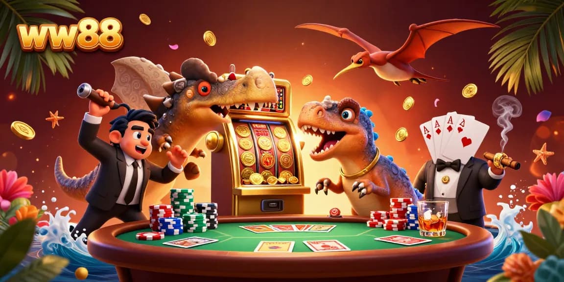 ww88 slots feature a dinosaur jackpot scene with colorful casino elements flying around.