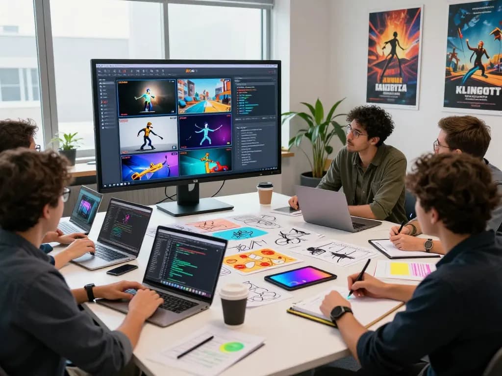 Team collaborating on mind control AI animation, utilizing Kling 2.6 technology in modern studio.