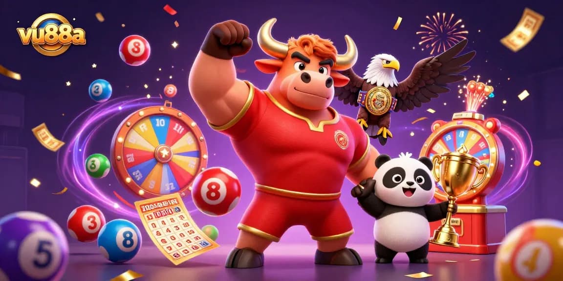 Engage in thrilling gaming moments at vu88a with a victory pose from a bull mascot and dynamic game elements.
