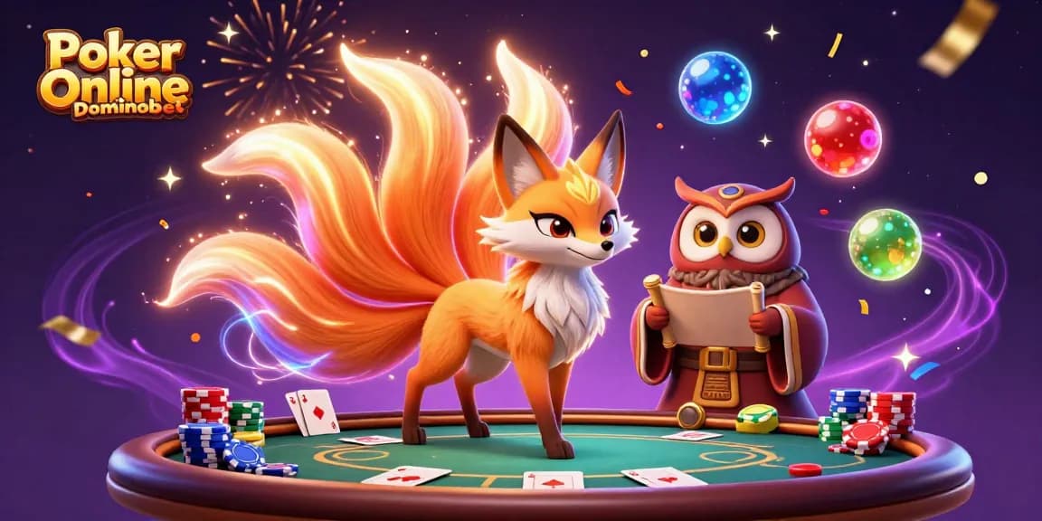 Engage in Poker Online Dominobet with vibrant scenes of a fox spirit and an owl amidst glowing poker elements.