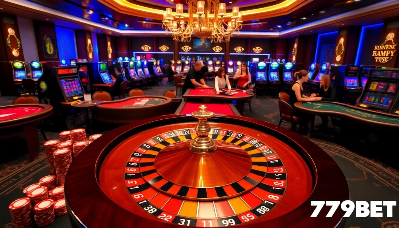 Players enjoying games at 789BET's luxurious casino, featuring roulette and poker.