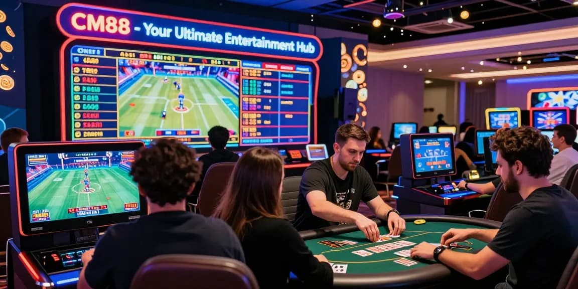 Engaging players enjoying various games at cm88z.com.co's modern digital casino, featuring vibrant atmosphere and live sports betting.