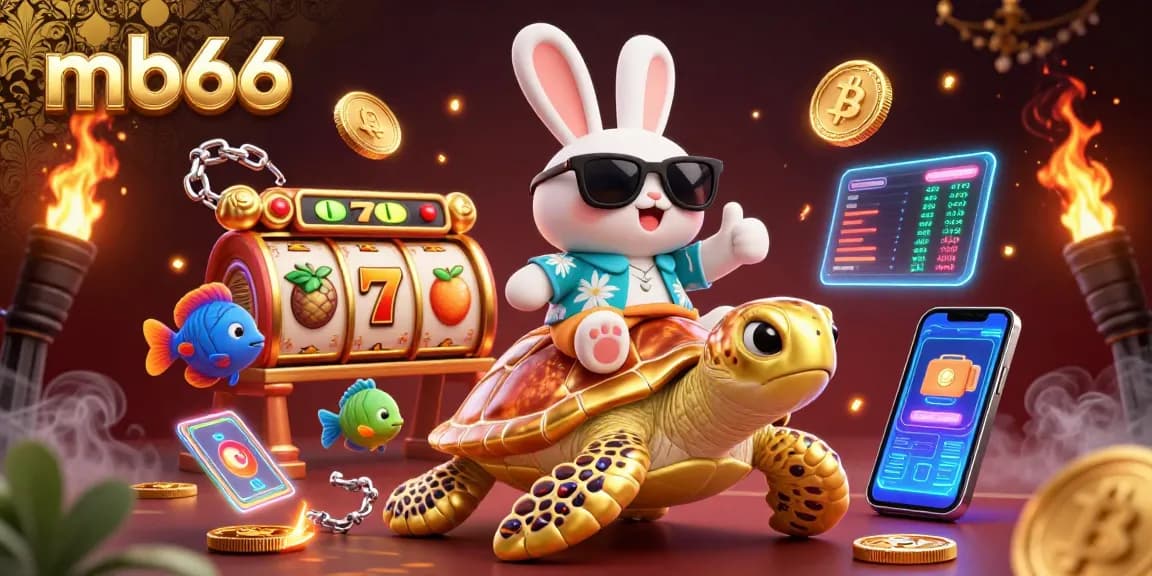 Experience thrilling wins at mb66 Casino with a lucky rabbit and a golden turtle in vibrant, immersive art.