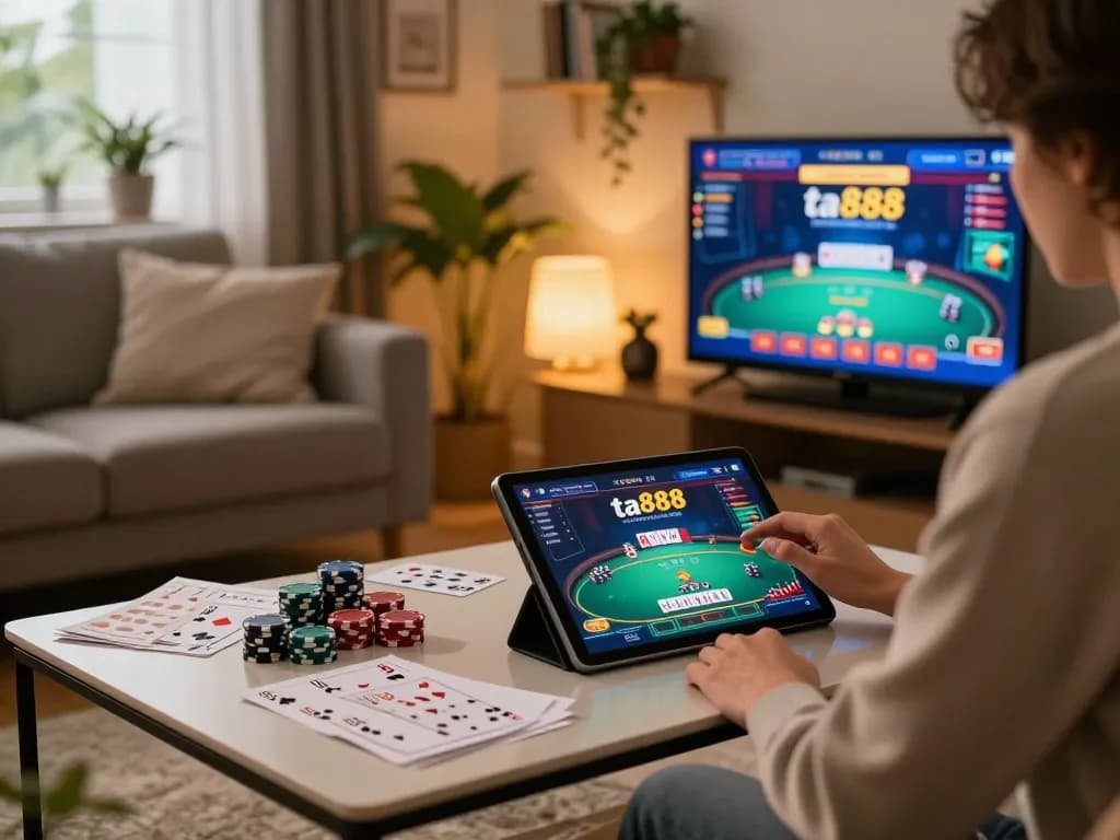 Engaging in the ta888 online poker game in a cozy home setting with strategy notes.